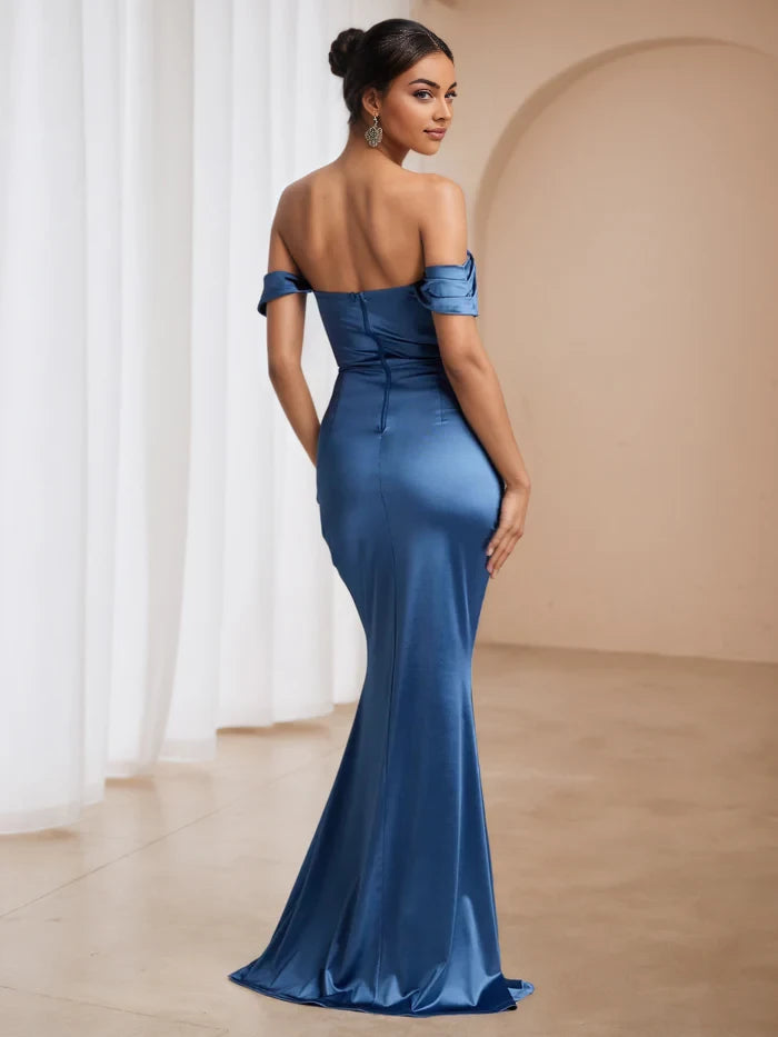 Elegant Mermaid Off - Shoulder Short Sleeve Plain Back Floor Length Prom Dresses