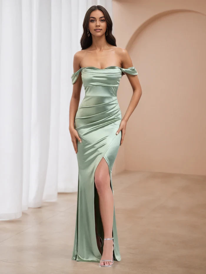 Elegant Mermaid Off - Shoulder Short Sleeve Plain Back Floor Length Prom Dresses
