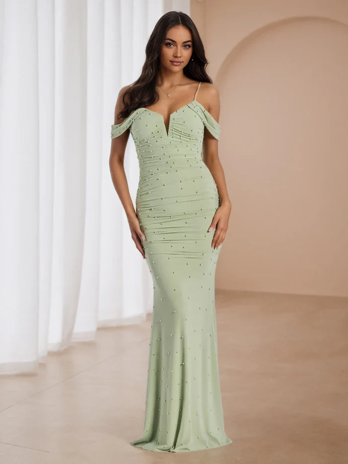 Elegant Mermaid Off - Shoulder Short Sleeve Zipper Back Floor Length Prom Dresses
