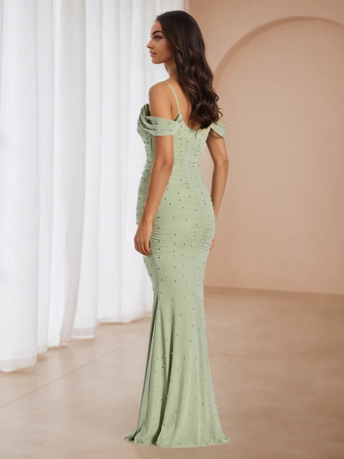 Elegant Mermaid Off - Shoulder Short Sleeve Zipper Back Floor Length Prom Dresses