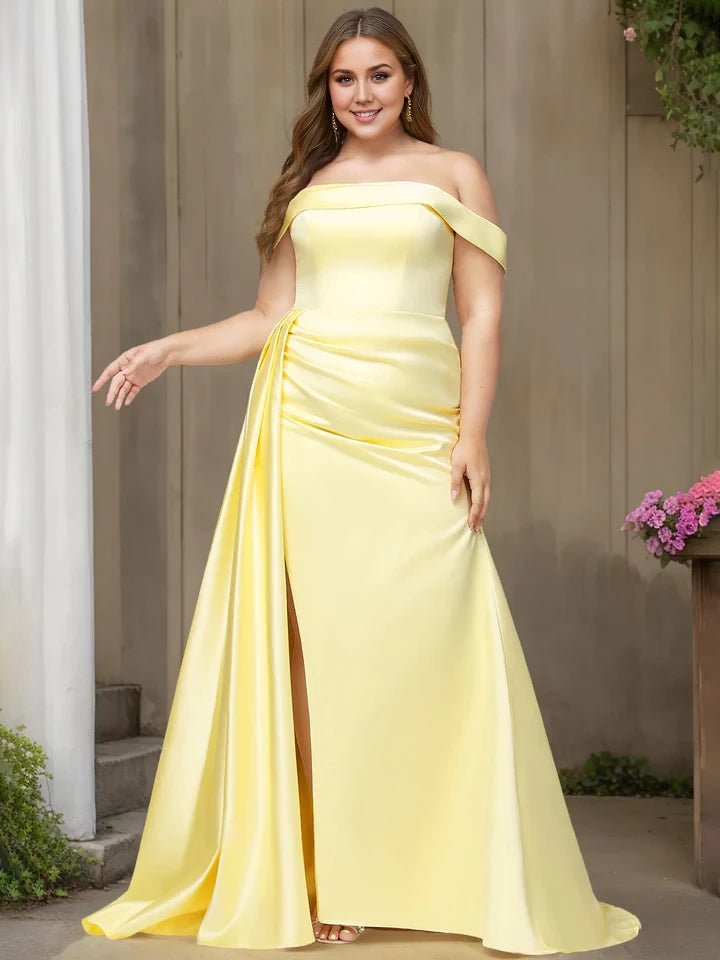 Plus Size Elegant Mermaid Off - Shoulder Short Sleeve Zipper Back Long Length Prom Dresses
