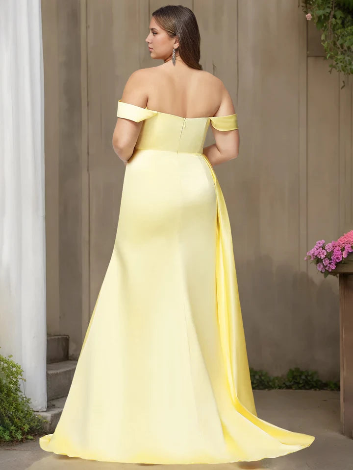 Plus Size Elegant Mermaid Off - Shoulder Short Sleeve Zipper Back Long Length Prom Dresses