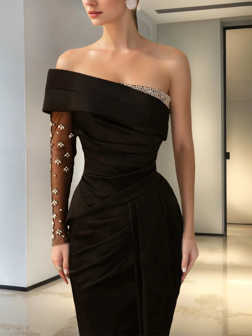 Elegant Mermaid Off - Shoulder Single - Sleeve Beaded Back Floor - Length Evening Gown