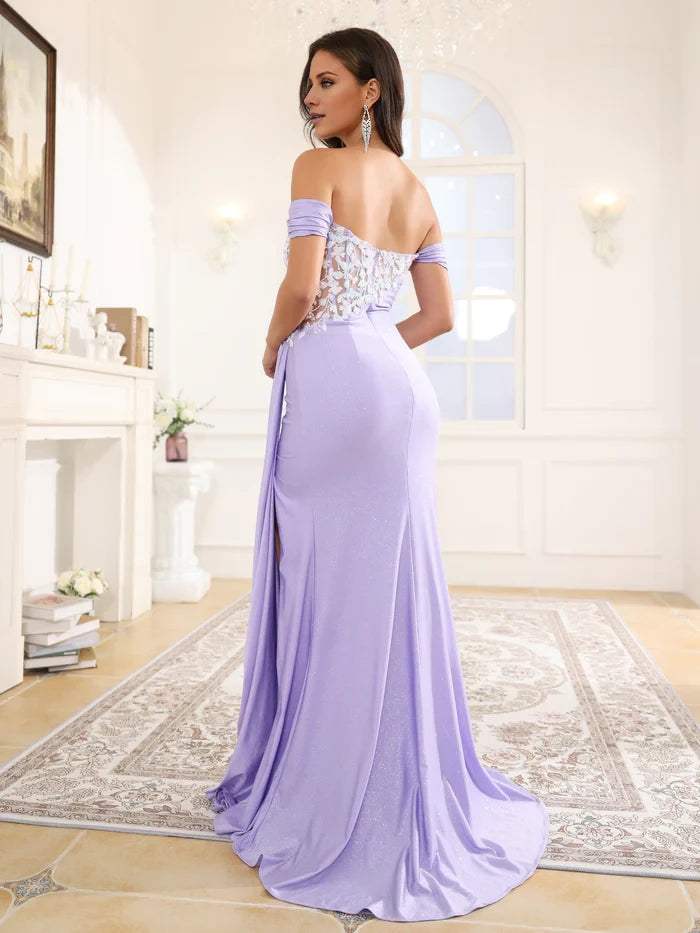 Elegant Mermaid Off - Shoulder Sleeve Zipper Back Long Length Prom Dresses