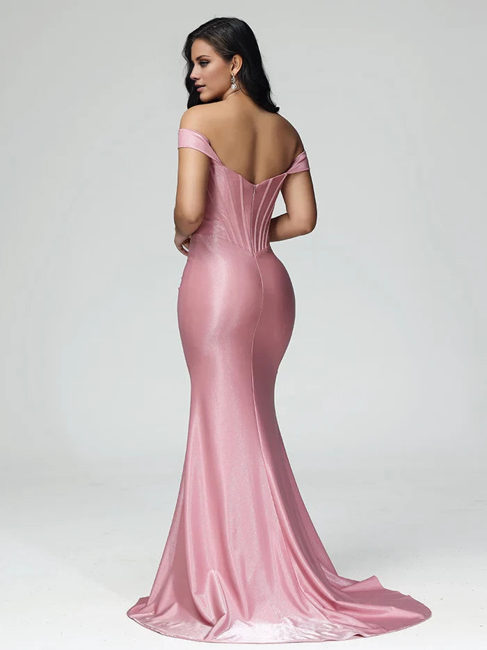 Elegant Mermaid Off - Shoulder Sleeve Zipper Back Long Length Prom Dresses