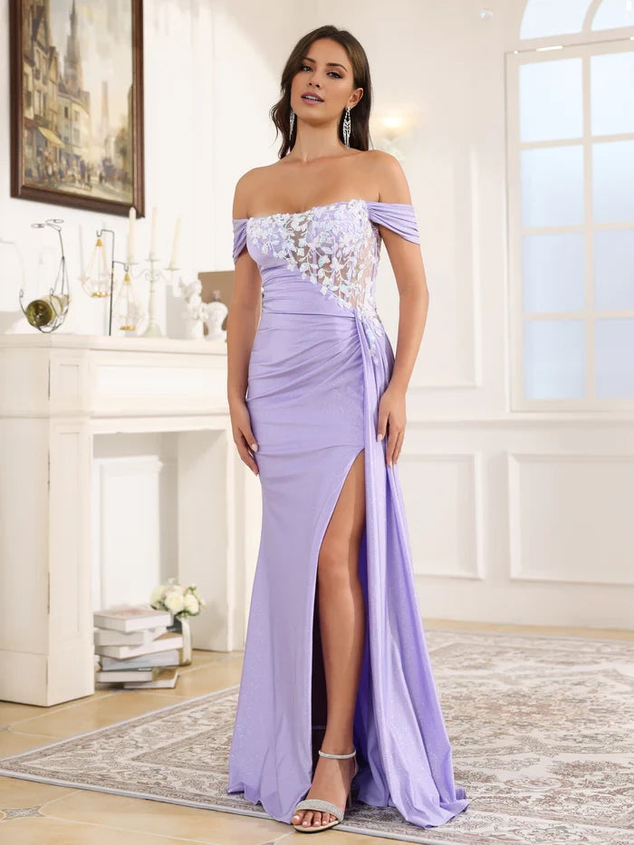 Elegant Mermaid Off - Shoulder Sleeve Zipper Back Long Length Prom Dresses