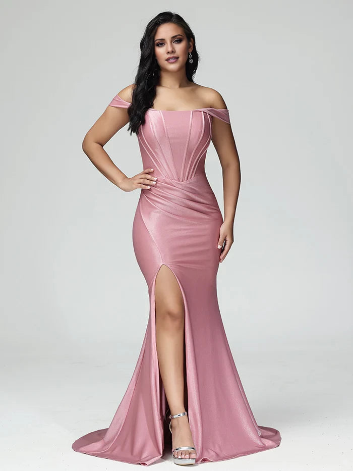 Elegant Mermaid Off - Shoulder Sleeve Zipper Back Long Length Prom Dresses