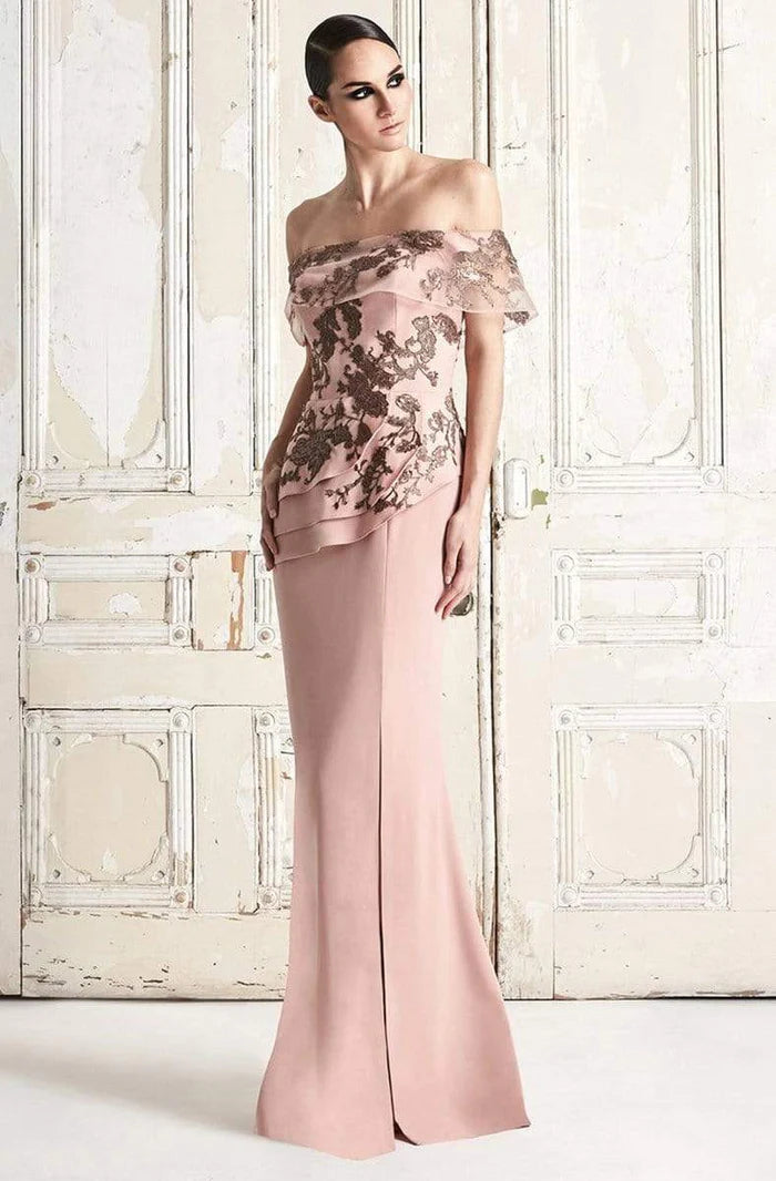 Elegant Mermaid Off-Shoulder Sleeveless Open-Back Blush Embroidered-Satin Floor-Length Mother of the Bride Dresses