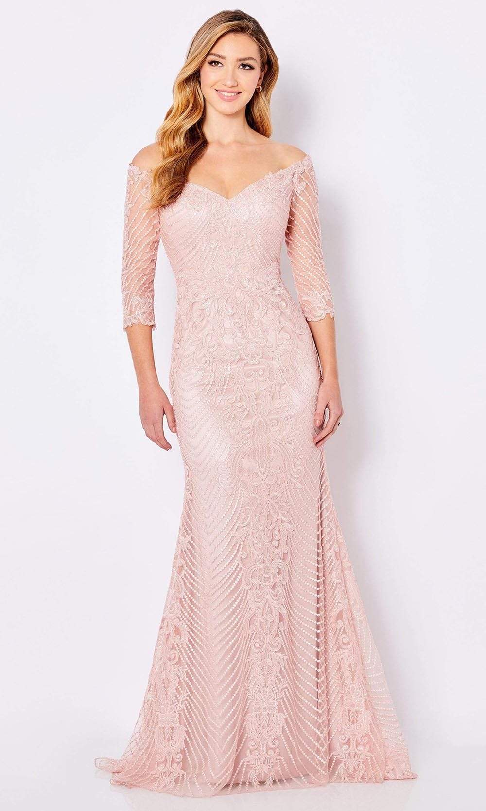 Elegant Mermaid Off-Shoulder Three-Quarter-Sleeve Beaded-Back Blush Lace Floor-Length Mother of the Bride Dresses