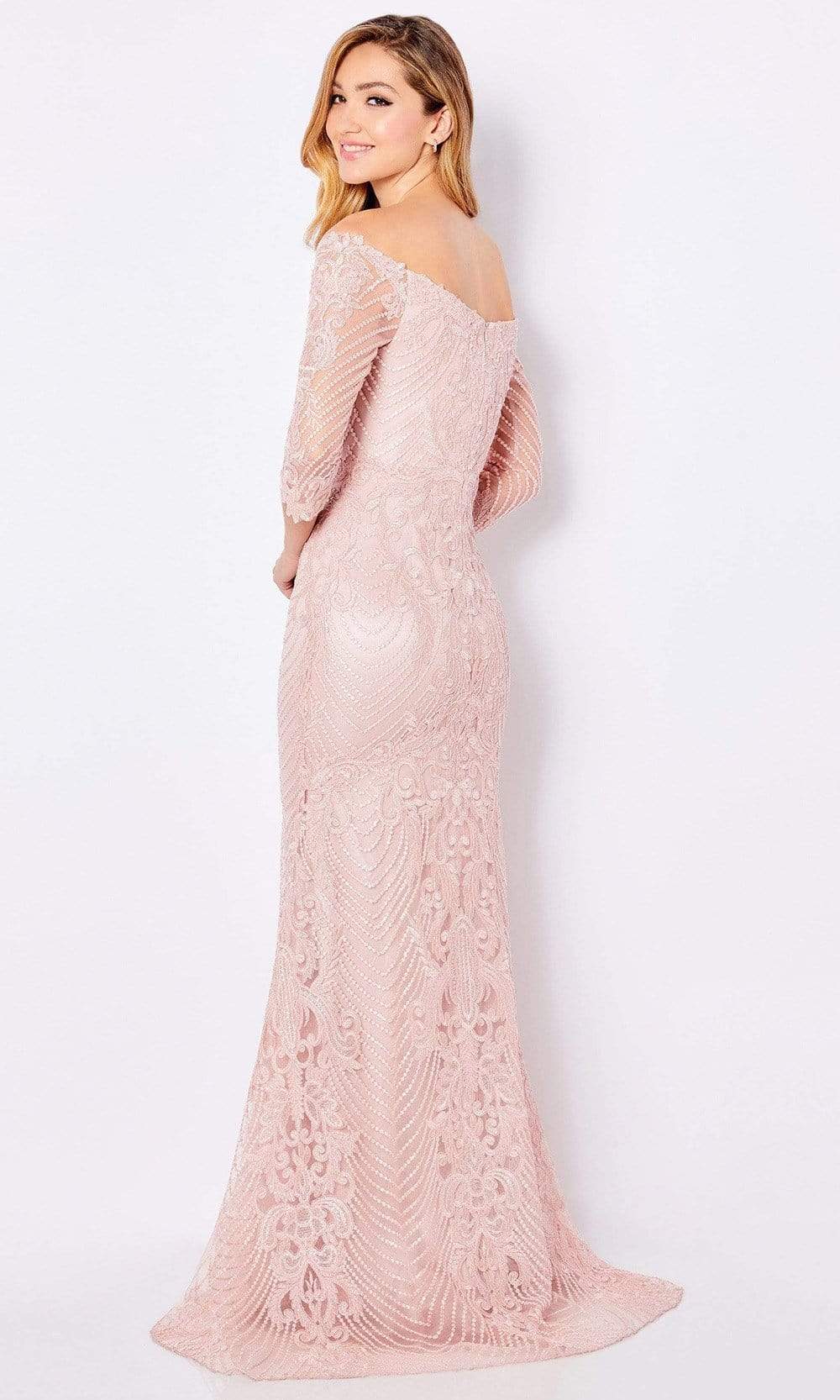 Elegant Mermaid Off-Shoulder Three-Quarter-Sleeve Beaded-Back Blush Lace Floor-Length Mother of the Bride Dresses