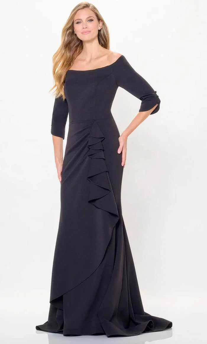 Elegant Mermaid Off-Shoulder Three-Quarter-Sleeve-Button-Back Black Crepe Ruffled Floor-Length Mother of the Bride Dresses