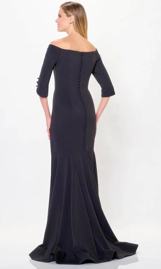 Elegant Mermaid Off-Shoulder Three-Quarter-Sleeve-Button-Back Black Crepe Ruffled Floor-Length Mother of the Bride Dresses