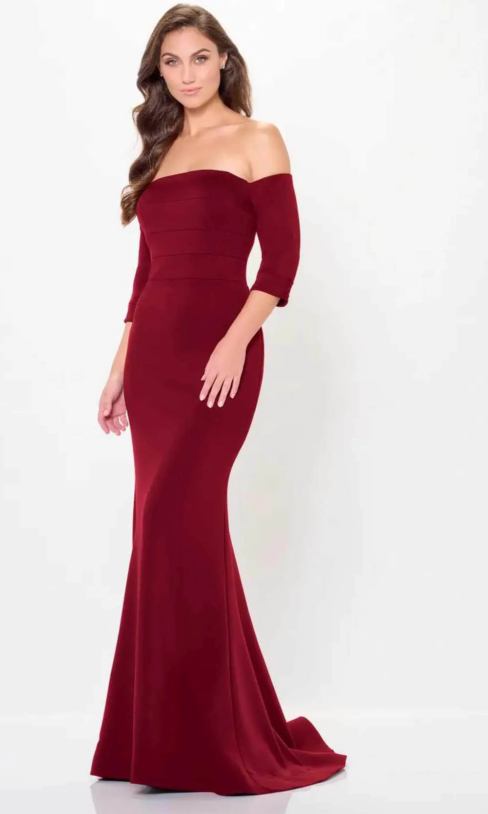 Elegant Mermaid Off-Shoulder Three-Quarter-Sleeve Button-Back Burgundy Crepe Floor-Length Mother of the Bride Dresses