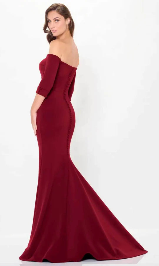 Elegant Mermaid Off-Shoulder Three-Quarter-Sleeve Button-Back Burgundy Crepe Floor-Length Mother of the Bride Dresses