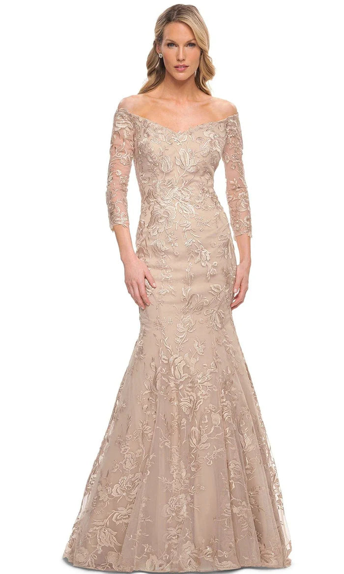 Elegant Mermaid Off-Shoulder Three-Quarter-Sleeve Lace-Back Champagne Floral-Lace Tulle Floor-Length Mother of the Bride Dresses