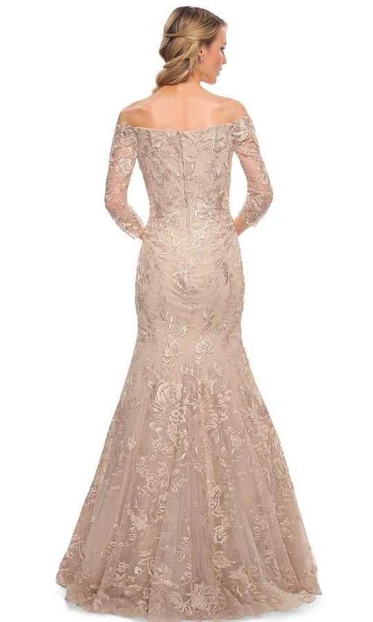 Elegant Mermaid Off-Shoulder Three-Quarter-Sleeve Lace-Back Champagne Floral-Lace Tulle Floor-Length Mother of the Bride Dresses