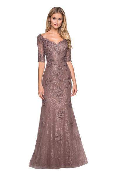 Elegant Mermaid Off-Shoulder Three-Quarter-Sleeve Lace-Back Dusty-Rose Embellished-Tulle Floor-Length Mother of the Bride Dresses