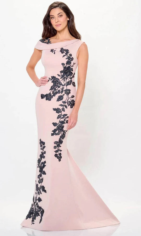 Elegant Mermaid One-Shoulder Black-Floral-Embroidery-Button-Back Blush Satin Floor-Length Mother of the Bride Dresses