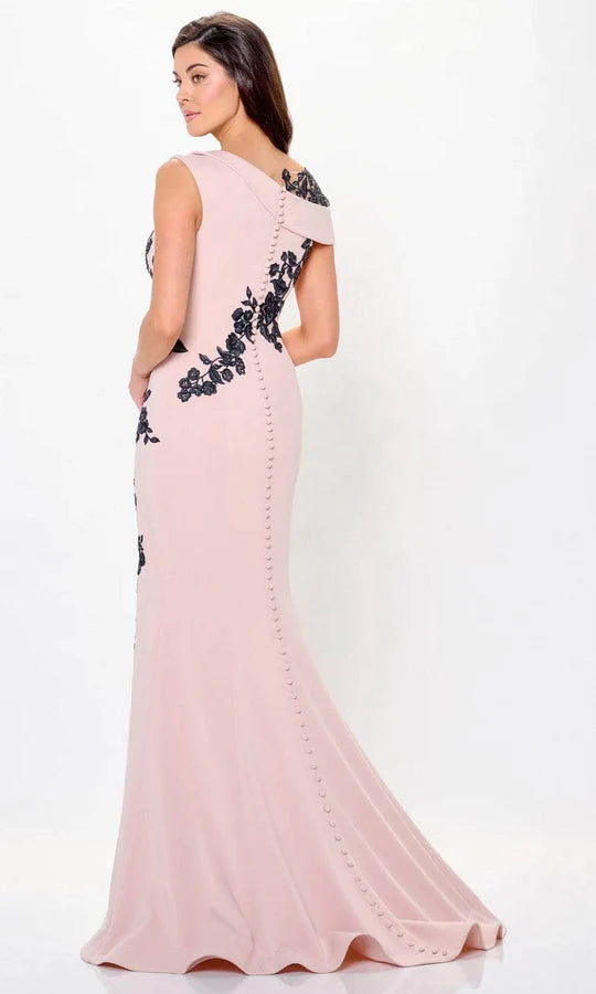 Elegant Mermaid One-Shoulder Black-Floral-Embroidery-Button-Back Blush Satin Floor-Length Mother of the Bride Dresses