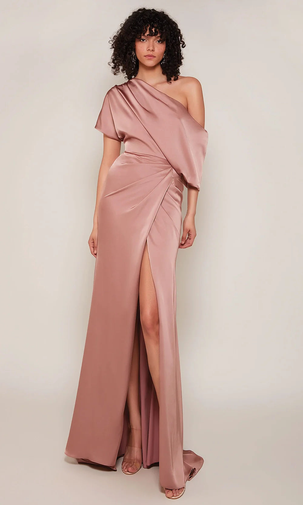 Elegant Mermaid One-Shoulder Draped-Sleeve-Zip-Back Dusty Rose Satin Floor-Length Mother of the Bride Dresses