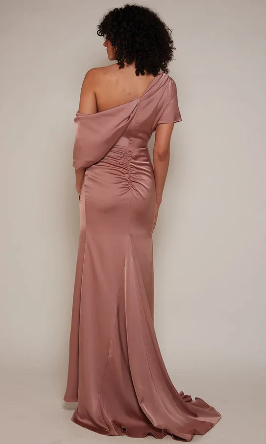 Elegant Mermaid One-Shoulder Draped-Sleeve-Zip-Back Dusty Rose Satin Floor-Length Mother of the Bride Dresses
