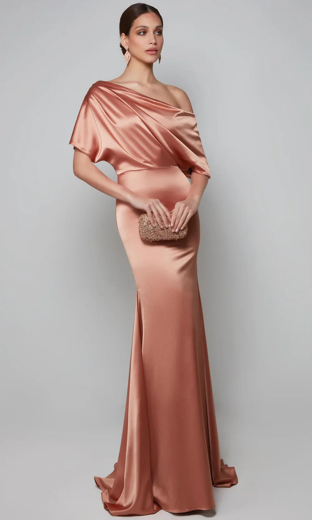 Elegant Mermaid One-Shoulder Draped-Sleeve-Zip-Back Rose Gold Satin Floor-Length Mother of the Bride Dresses