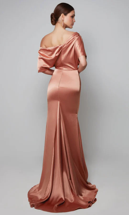 Elegant Mermaid One-Shoulder Draped-Sleeve-Zip-Back Rose Gold Satin Floor-Length Mother of the Bride Dresses