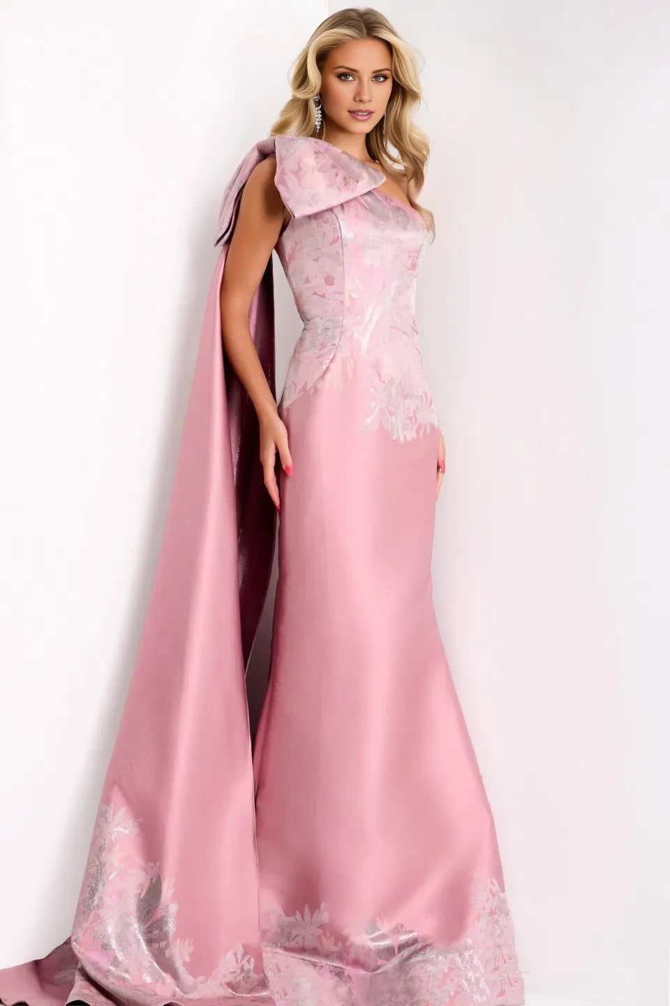 Elegant Mermaid One-Shoulder Floral-Accent Cape-Sleeve Long Length Evening Dresses