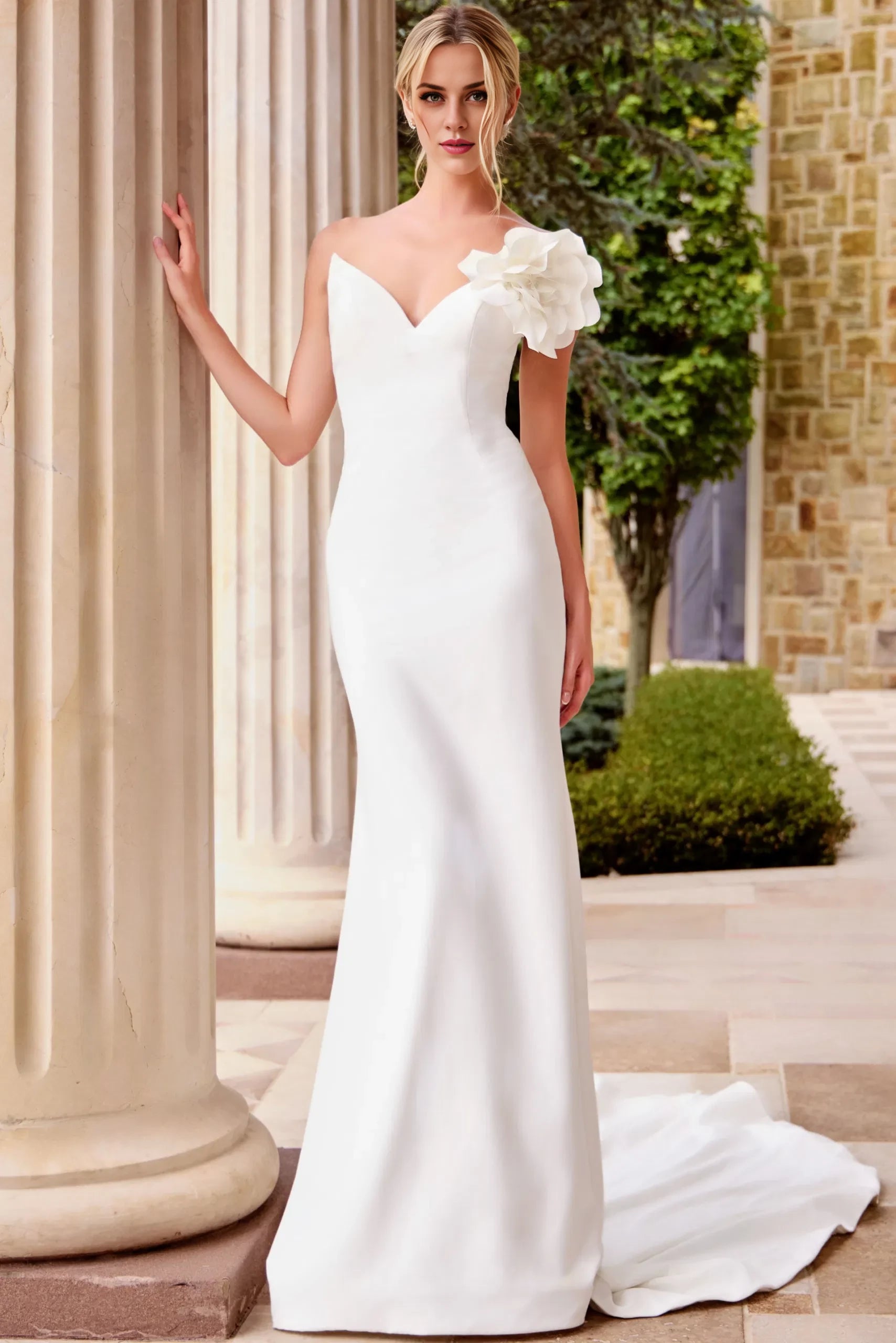 Elegant Mermaid One-Shoulder Flower-Accent Pearl-Button Back Train Length Wedding Dresses