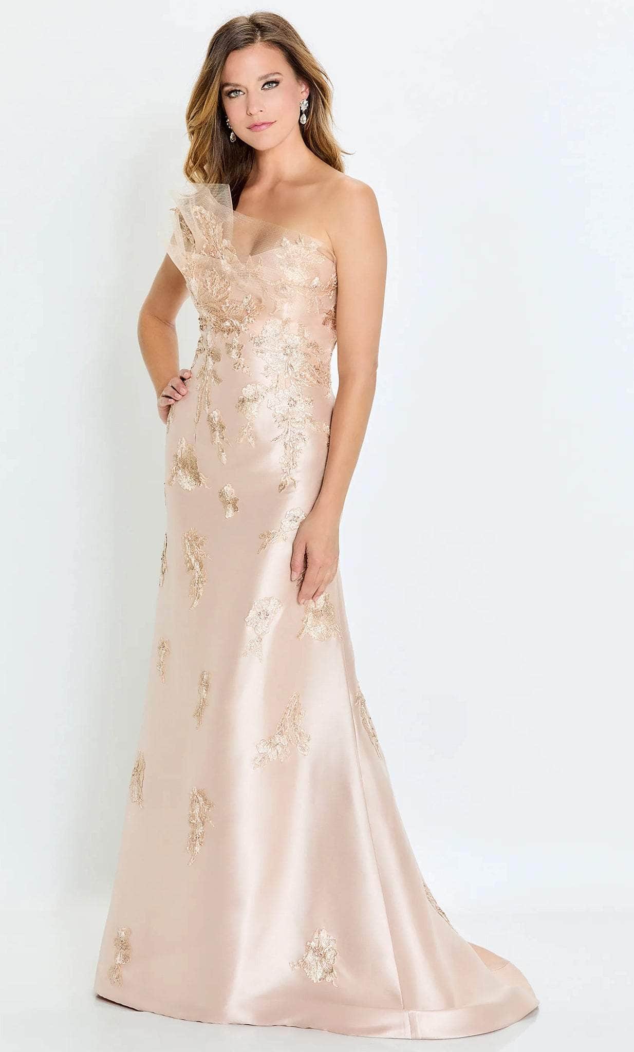 Elegant Mermaid One-Shoulder Gold-Embroidery-Sheer-Accent-Back Champagne Satin Floor-Length Mother of the Bride Dresses
