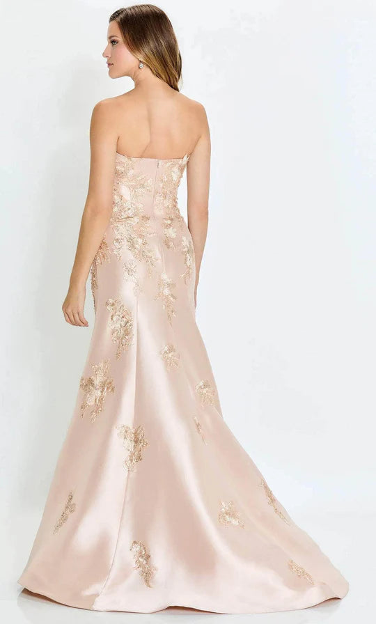 Elegant Mermaid One-Shoulder Gold-Embroidery-Sheer-Accent-Back Champagne Satin Floor-Length Mother of the Bride Dresses