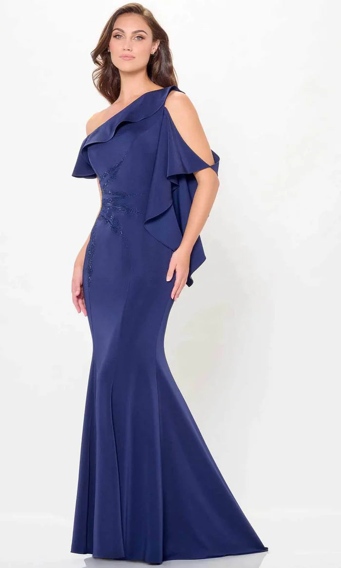 Elegant Mermaid One-Shoulder Ruffle-Sleeve Beaded-Accent-Back Navy Satin Floor-Length Mother of the Bride Dresses