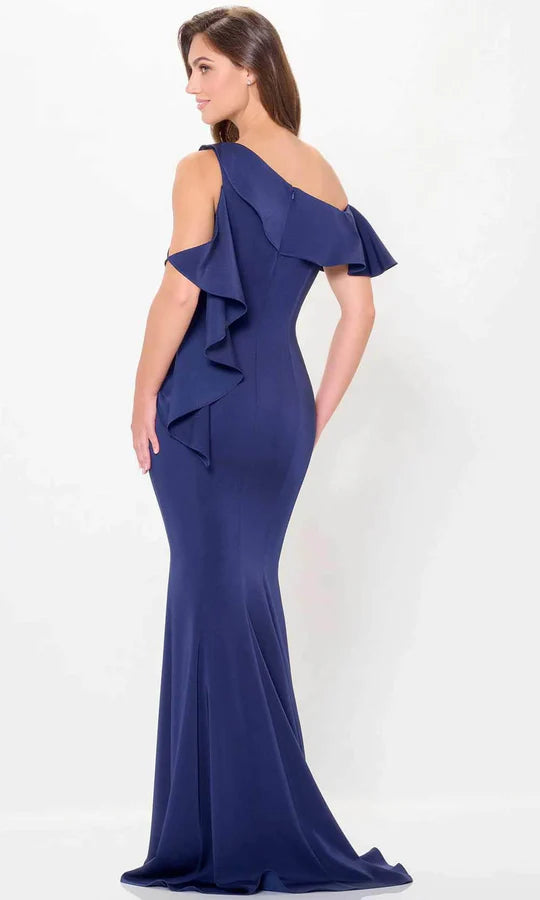 Elegant Mermaid One-Shoulder Ruffle-Sleeve Beaded-Accent-Back Navy Satin Floor-Length Mother of the Bride Dresses