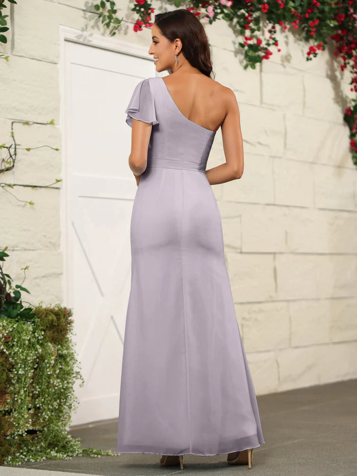 Elegant Mermaid One-Shoulder Ruffle-Sleeve Open-Back High-Slit Floor-Length Bridesmaid Dresses
