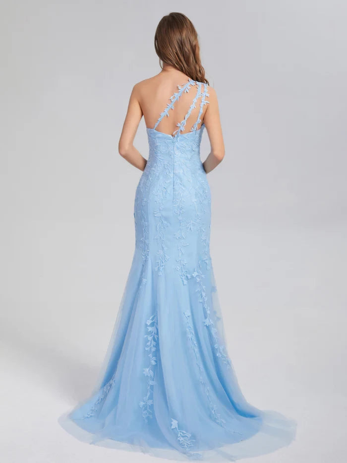 Elegant Mermaid One - Shoulder Sleeveless Lace - Up Back Long Length Prom Dresses
