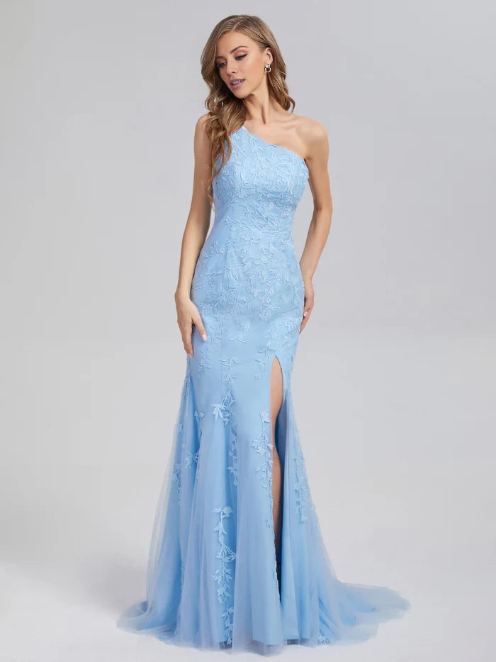 Elegant Mermaid One - Shoulder Sleeveless Lace - Up Back Long Length Prom Dresses
