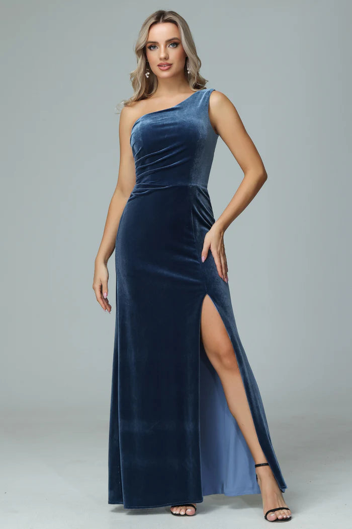 Elegant Mermaid One-Shoulder Sleeveless Zipper-Back Velvet Floor-Length Bridesmaid Dresses