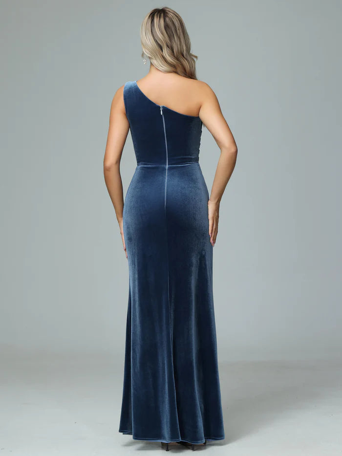 Elegant Mermaid One-Shoulder Sleeveless Zipper-Back Velvet Floor-Length Bridesmaid Dresses