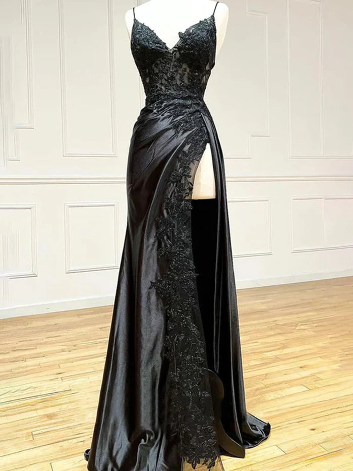 Elegant Mermaid Plunge Neck Spaghetti Strap Lace - Up Back Long Length Prom Dresses