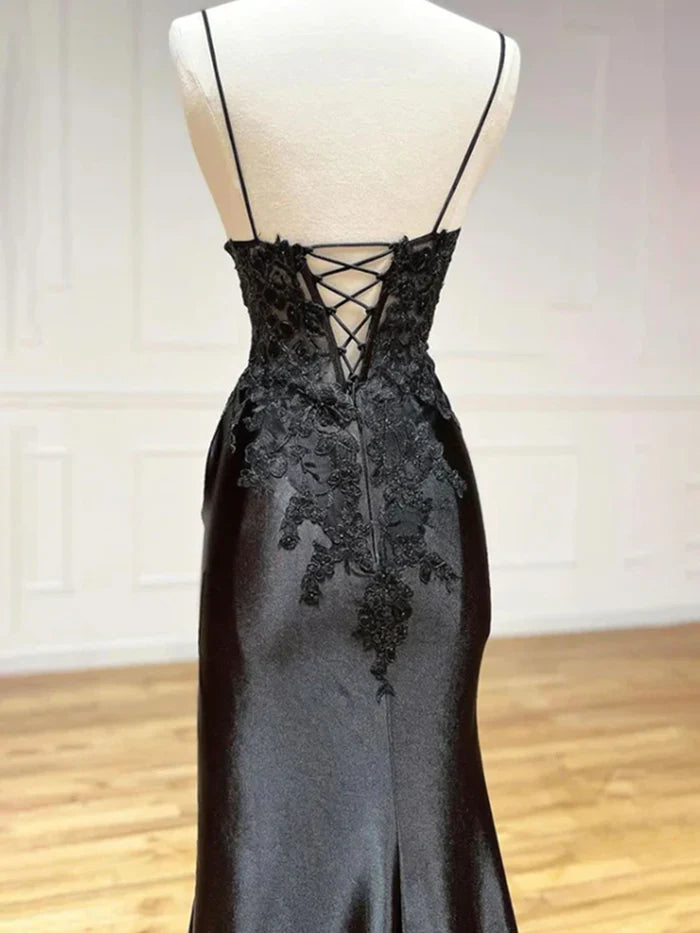 Elegant Mermaid Plunge Neck Spaghetti Strap Lace - Up Back Long Length Prom Dresses