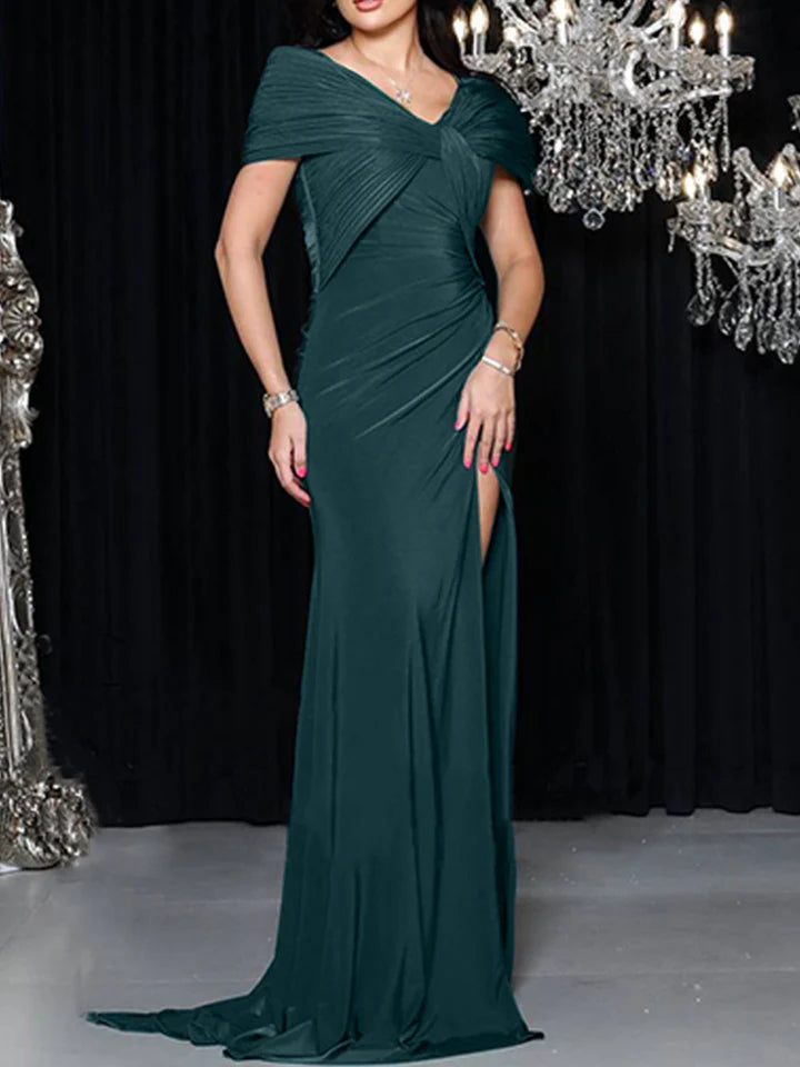 Elegant Mermaid Plunging V - Neck Cap Sleeve Zipper Back Floor - Length Mother of the Bride Dresses