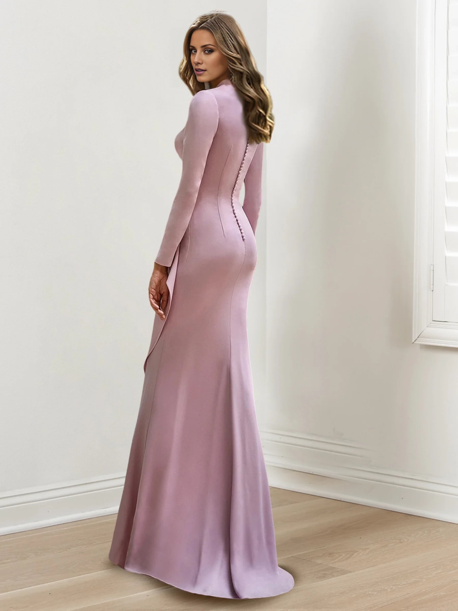 Elegant Mermaid Plunging V - Neck Long Sleeve Button Back Floor - Length Mother of the Bride Dresses