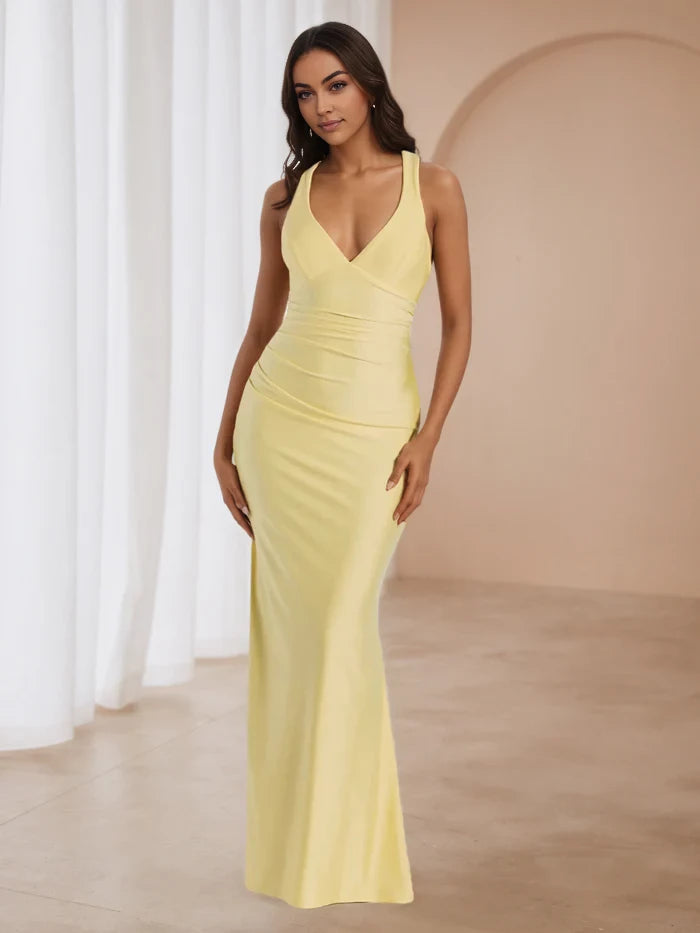 Elegant Mermaid Plunging V - Neck Sleeveless Tie Back Floor Length Prom Dresses