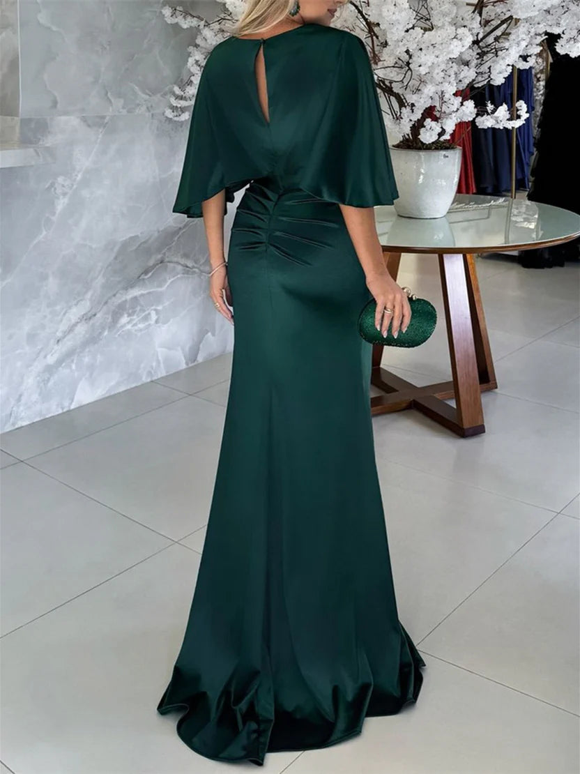 Elegant Mermaid Round Neck Cape - Sleeve Keyhole Back Floor - Length Mother of the Bride Dresses
