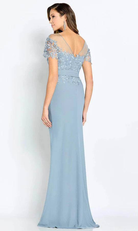 Elegant Mermaid Scoop-Neck Cap-Sleeve Lace-Back Dusty Blue Crepe Floor-Length Mother of the Bride Dresses