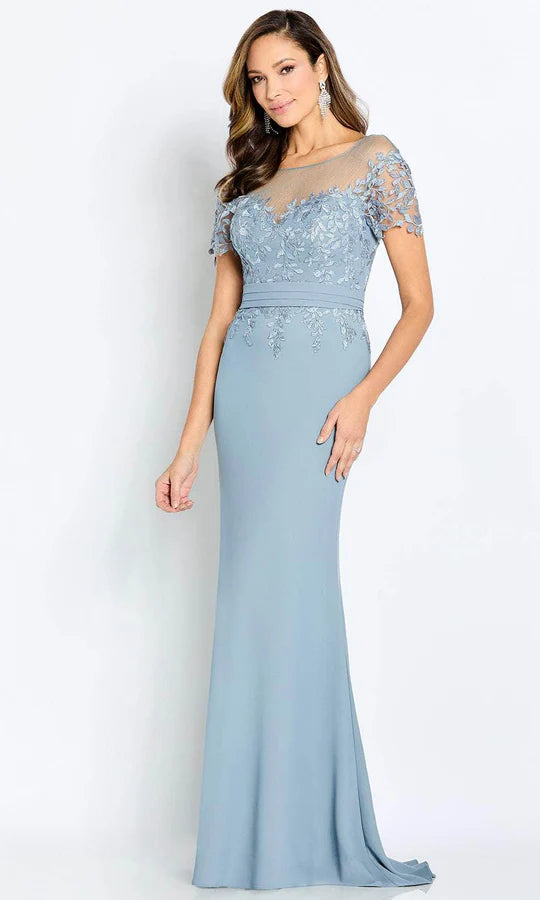 Elegant Mermaid Scoop-Neck Cap-Sleeve Lace-Back Dusty Blue Crepe Floor-Length Mother of the Bride Dresses