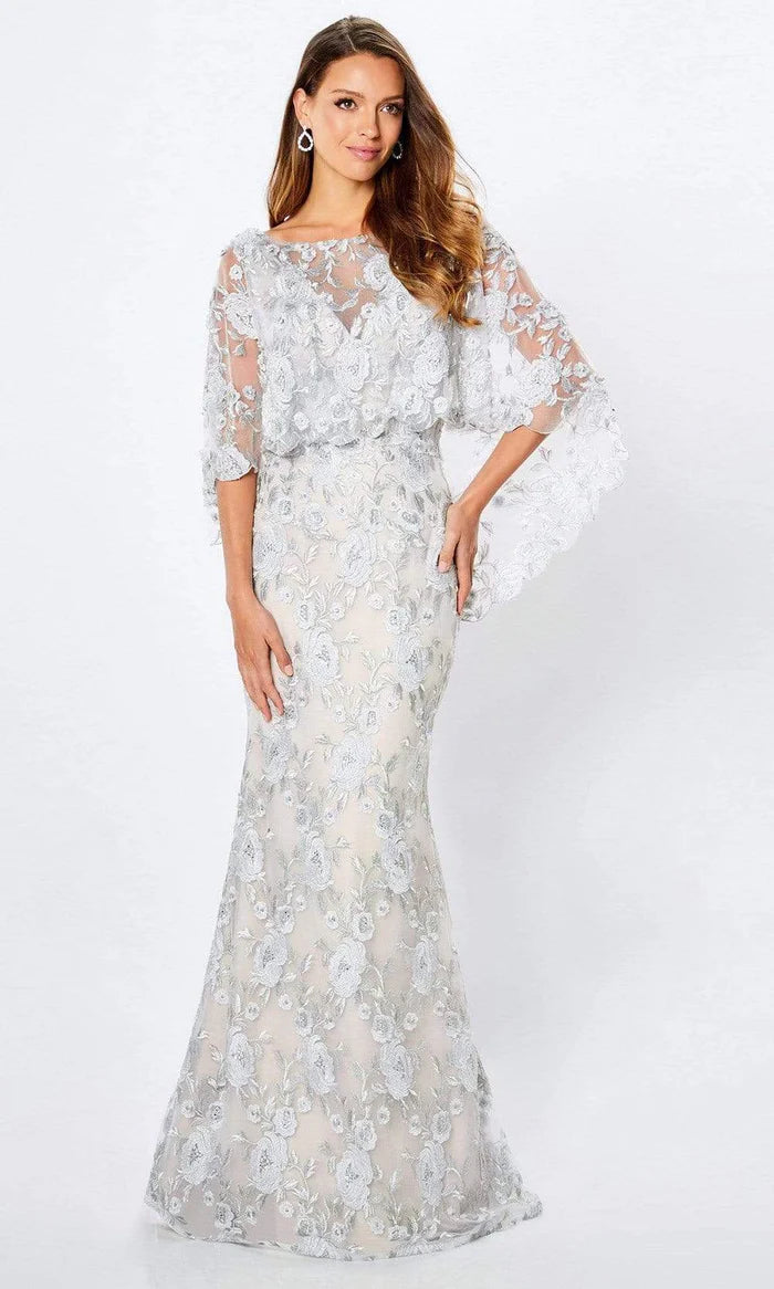 Elegant Mermaid Scoop-Neck Cape-Sleeve Floral-Embroidered-Keyhole-Back Silver Tulle Floor-Length Mother of the Bride Dresses