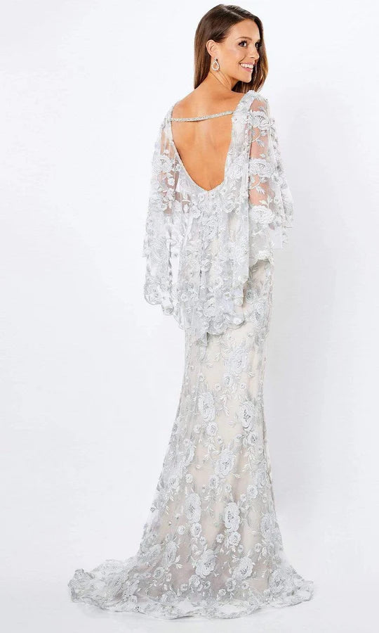 Elegant Mermaid Scoop-Neck Cape-Sleeve Floral-Embroidered-Keyhole-Back Silver Tulle Floor-Length Mother of the Bride Dresses