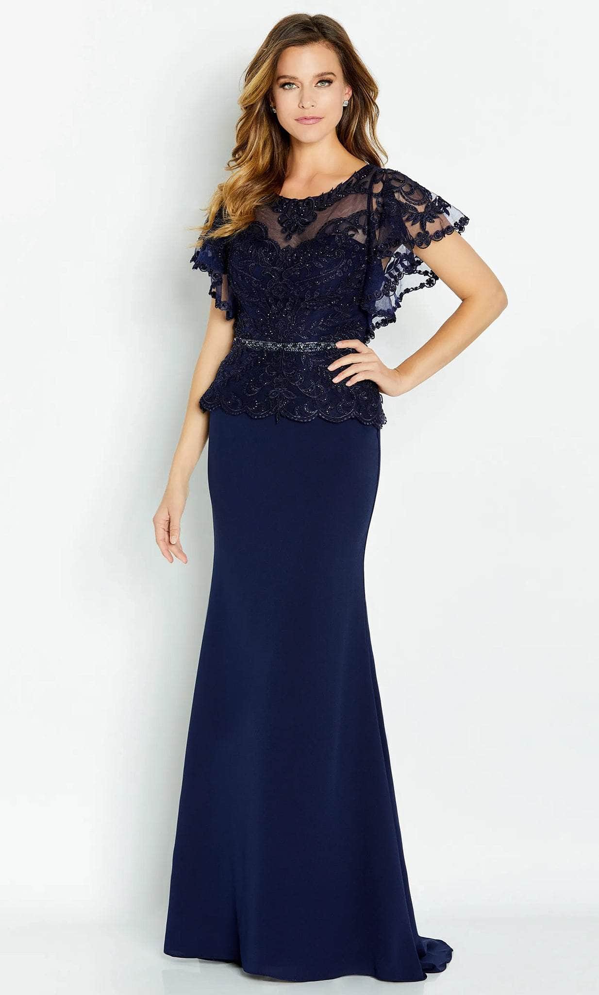 Elegant Mermaid Scoop-Neck Cape-Sleeve Lace-Peplum-Back Navy Chiffon Floor-Length Mother of the Bride Dresses