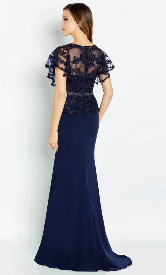 Elegant Mermaid Scoop-Neck Cape-Sleeve Lace-Peplum-Back Navy Chiffon Floor-Length Mother of the Bride Dresses
